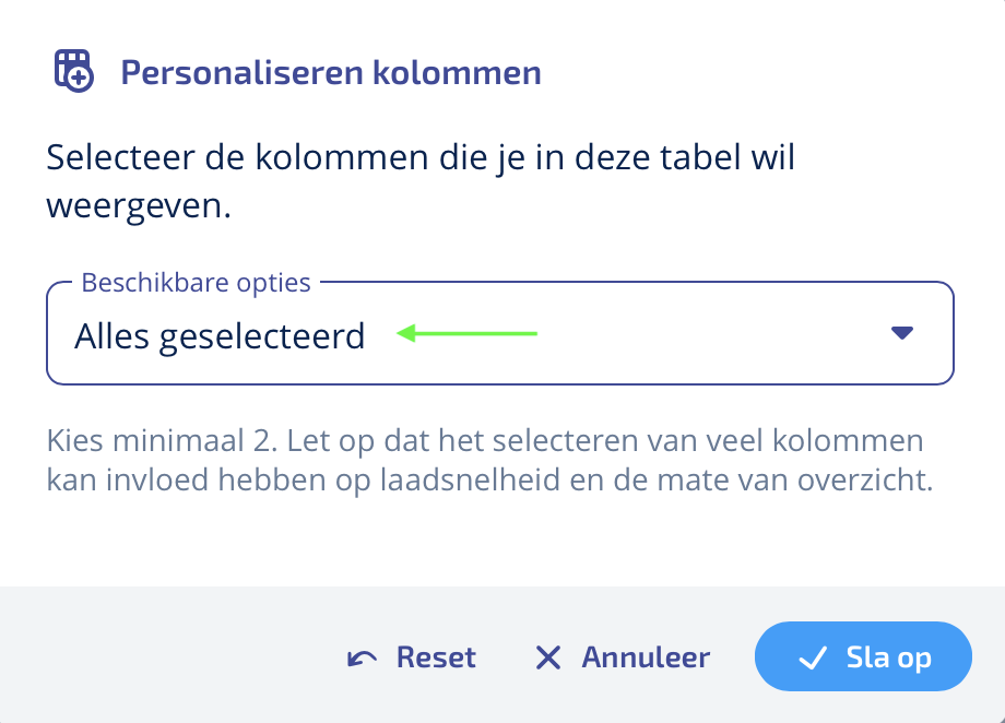 Zet alle kolommen aan