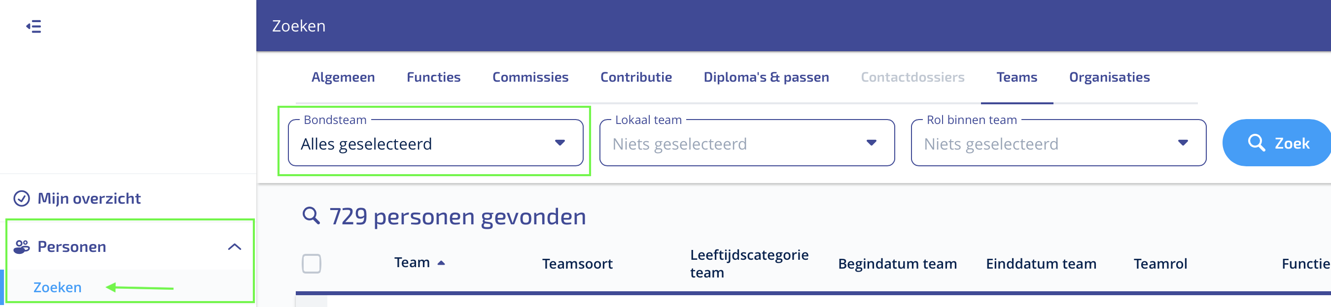 Ga in Sportlink naar Personen → Zoeken