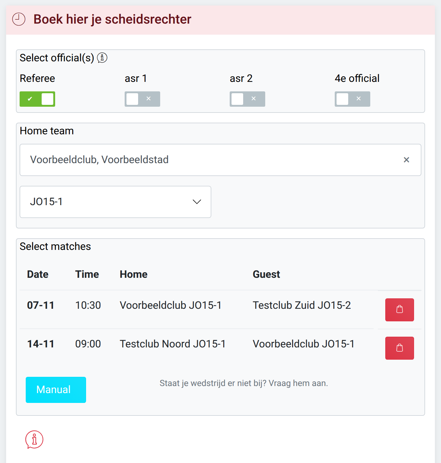 Kies Manual in het boekingsformulier