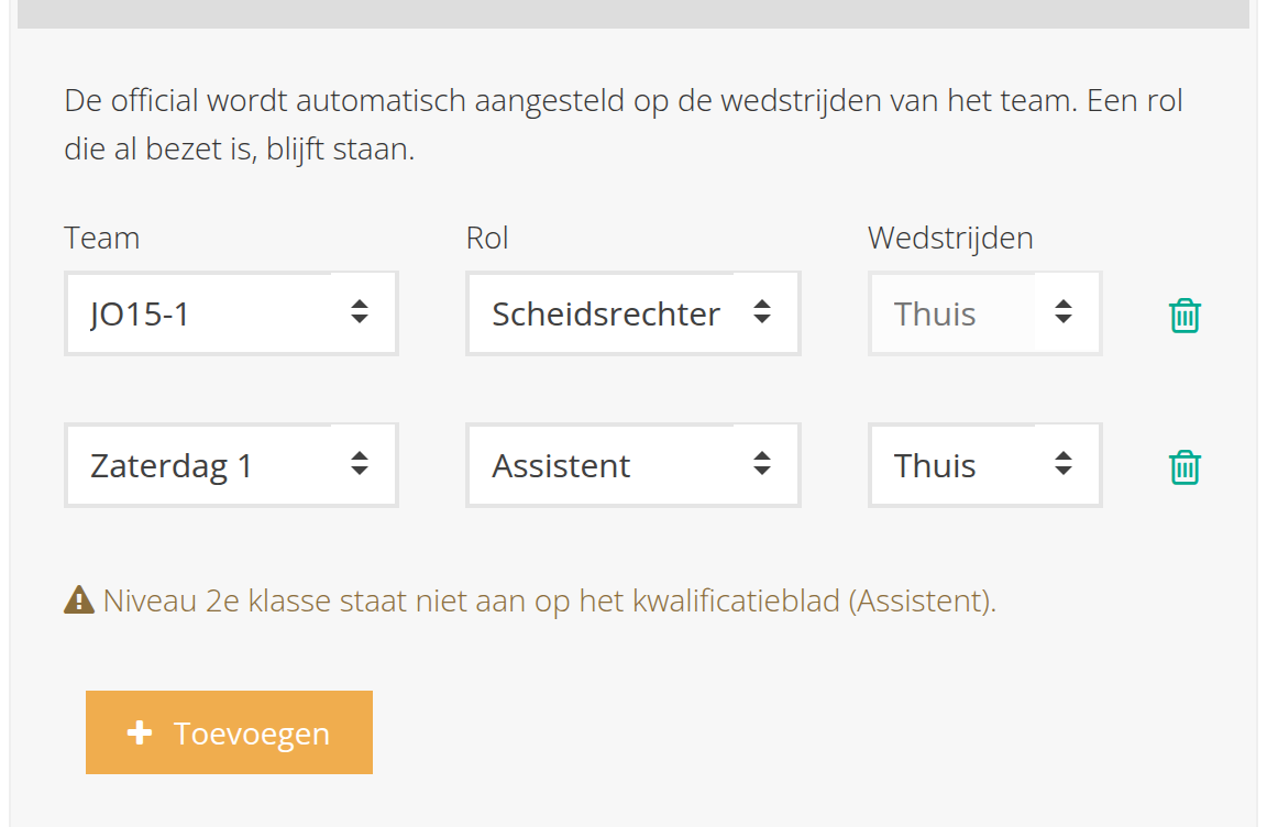 Het blok Team official met per regel team, rol en wedstrijden en een prullenbak