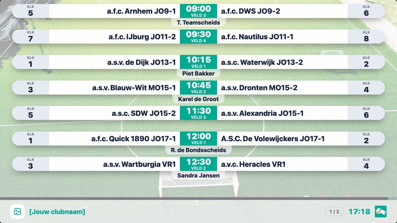 Voorbeeld van de wedstrijdmonitor met het dagprogramma